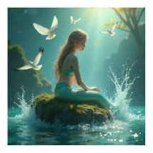 Charmante süße Meerjungfrau sitzt unter der Sonne