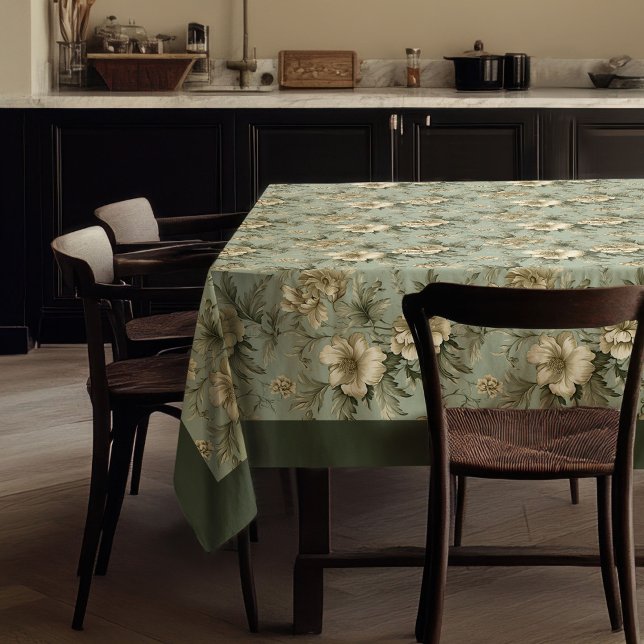 Charmante Vintage staubgrüne und goldene Blume Tischdecke (Charming vintage dusty green and gold flowers tablecloth)