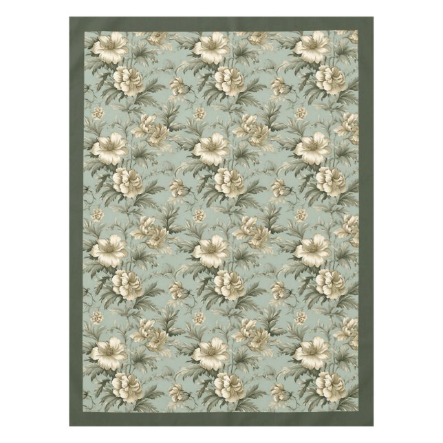 Charmante Vintage staubgrüne und goldene Blume Tischdecke (Vorderseite)