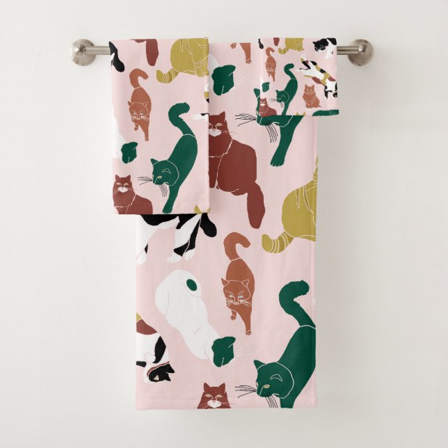 Charmante, von Hand gezeichnet Katzen auf rosa Hin Badhandtuch Set (Insitu)