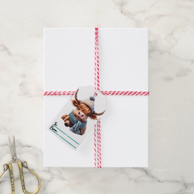 Charmante Weihnachtsmarke mit einer gemütlichen Ku Geschenkanhänger (Mit Garn)