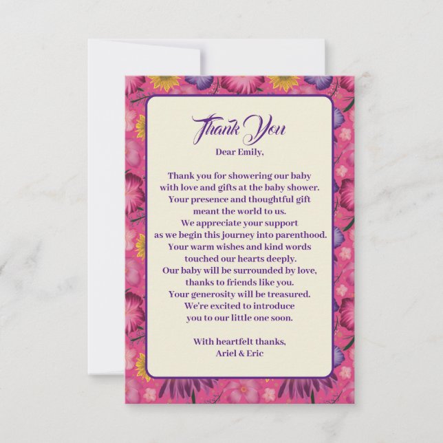 Charmante Wildblume Pink Babydusche Dankeskarte (Vorderseite)