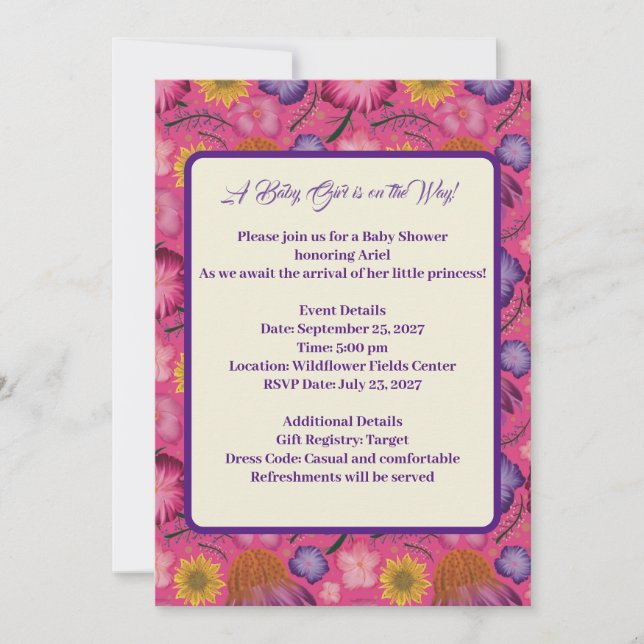 Charmante Wildblume Pink Babydusche Einladung (Vorderseite)
