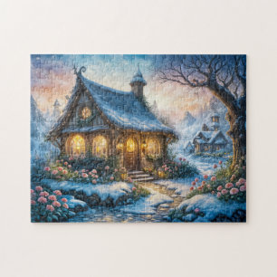 Charmante Winter-Hütte mit festlichen Lichtern Puzzle