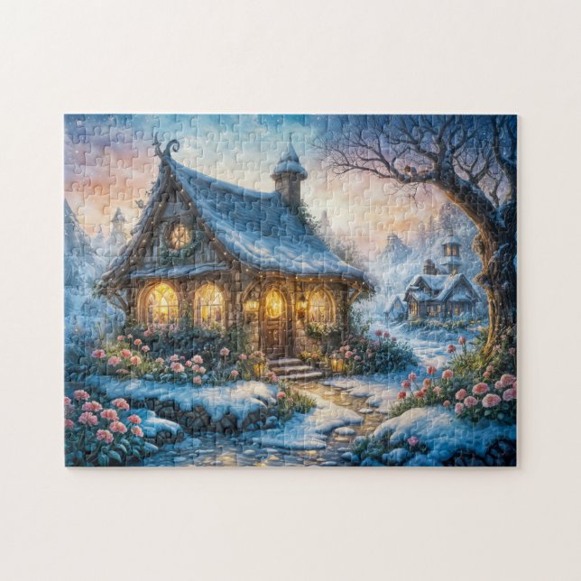 Charmante Winter-Hütte mit festlichen Lichtern Puzzle (Horizontal)