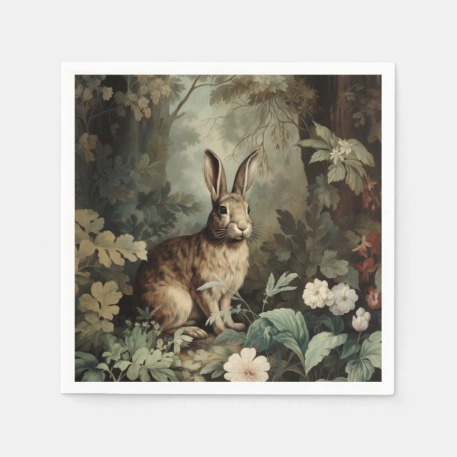 Charmanter antiker Hase im üppigen Wald Serviette (Vorderseite)