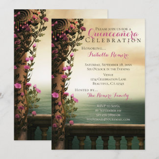 Charmanter Balkon mit rosa Roses Beach Quinceañera Einladung