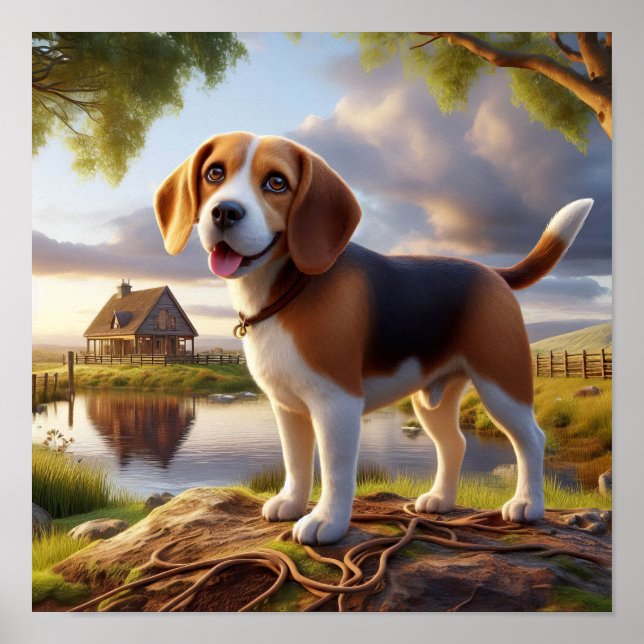 Charmanter Beagle in rustikaler Landschaft Poster (Vorne)