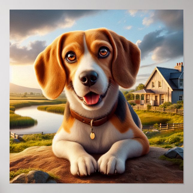 Charmanter Beagle in rustikaler Landschaft Poster (Vorne)