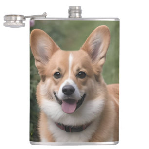 "Charmanter Begleiter: Ein Corgi in einem rosa Ros Flachmann