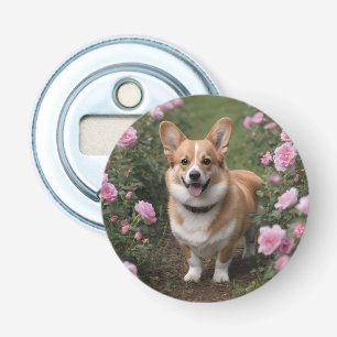 "Charmanter Begleiter: Ein Corgi in einem rosa Ros Flaschenöffner