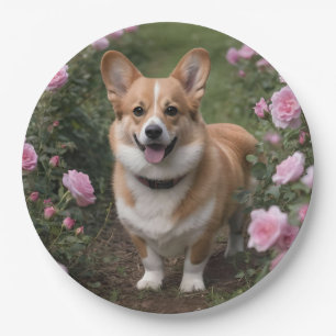 "Charmanter Begleiter: Ein Corgi in einem rosa Ros Pappteller