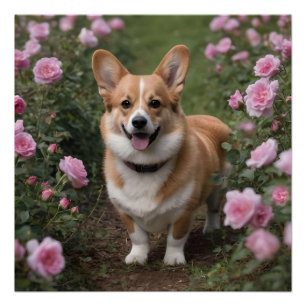 "Charmanter Begleiter: Ein Corgi in einem rosa Ros Poster