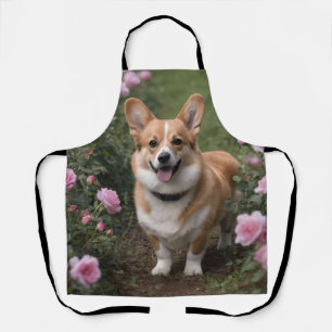 "Charmanter Begleiter: Ein Corgi in einem rosa Ros Schürze