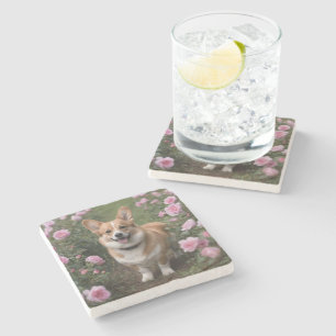 "Charmanter Begleiter: Ein Corgi in einem rosa Ros Steinuntersetzer