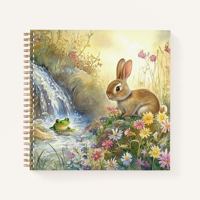 Charmanter Bunny & Frog Watercolor-Platz Notizbuch (Vorderseite)