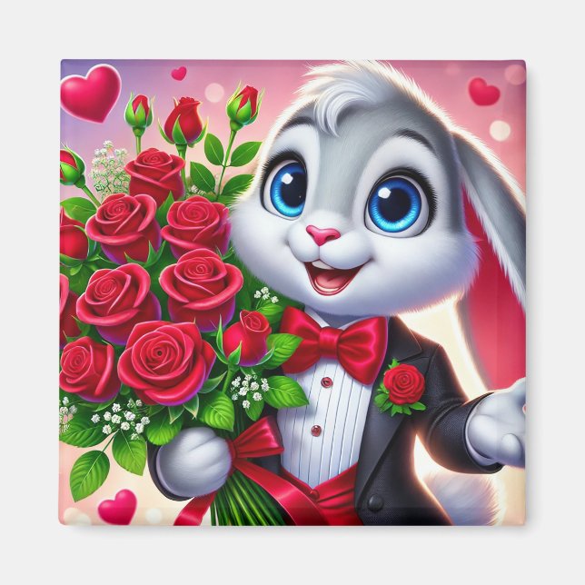 Charmanter Cartoon Bunny Holding Rose Magnet (Vorne)