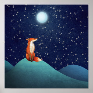 Charmanter Fuchs sitzend unter Vollmond Poster