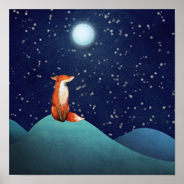 Charmanter Fuchs sitzend unter Vollmond Poster (Vorne)