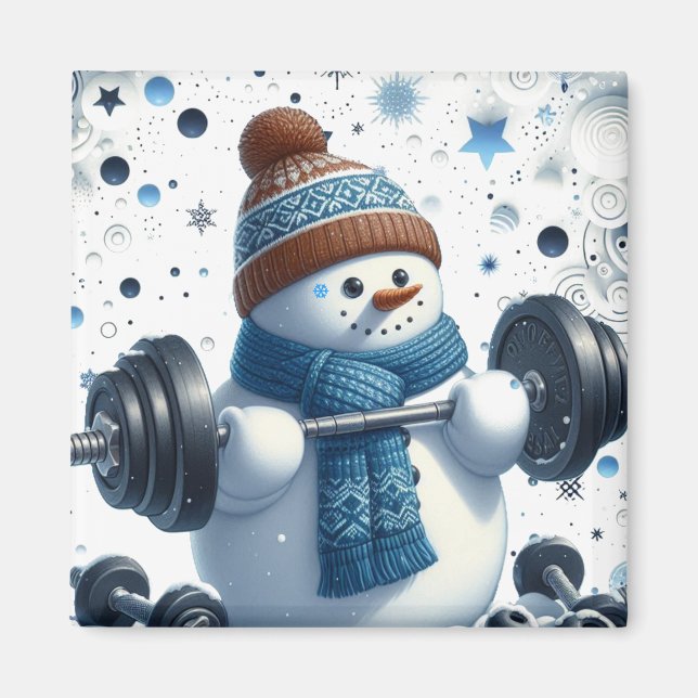 Charmanter Gewichtheber-Schneemann Magnet (Vorne)