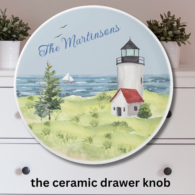 Charmanter Leuchtturm Wasserfarbe Name Küstenlands Keramikknauf (Von Creator hochgeladen)