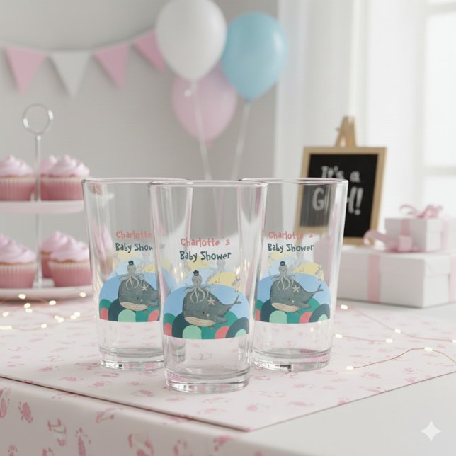 Charmanter Nautical Whale Octopus Pink Babydusche Glas (Charming Nautical Whale Octopus Pink Baby Shower Glass ©Susanne Sachers - Sunny Mind 🌞)
