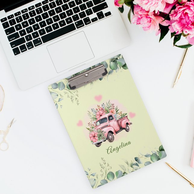 Charmanter Pink Aquarell Truck Floral Green Klemmbrett (Von Creator hochgeladen)