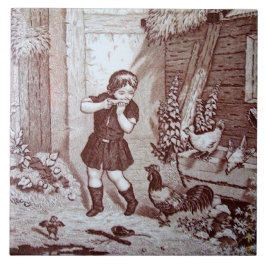 Charmanter Sepia Tile Farm Boy and Chickens Fliese