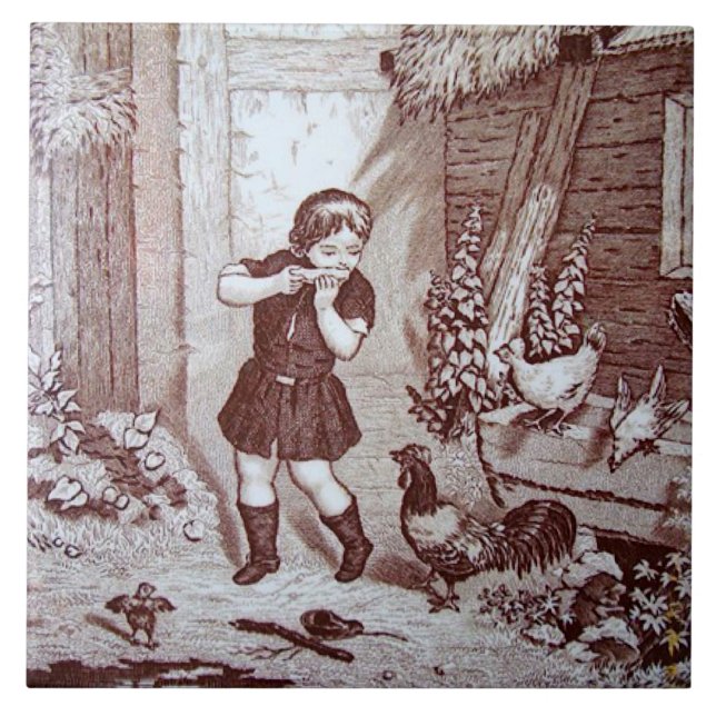 Charmanter Sepia Tile Farm Boy and Chickens Fliese (Vorderseite)