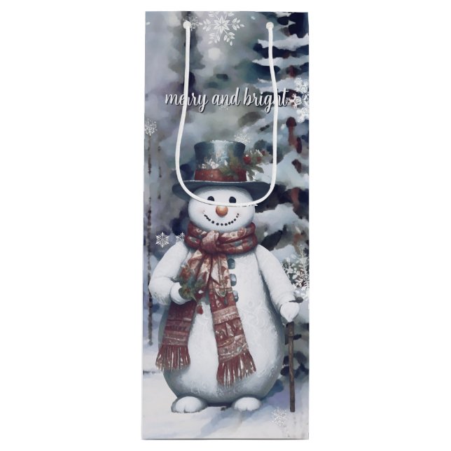 Charmanter Snowman Watercolor Winterwald Geschenktüte Für Weinflaschen (Vorderseite)