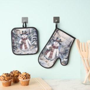 Charmanter Snowman Watercolor Winterwald Ofenhandschuh & Topflappen-Set