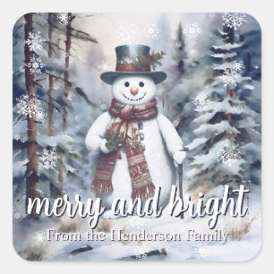 Charmanter Snowman Watercolor Winterwald Quadratischer Aufkleber