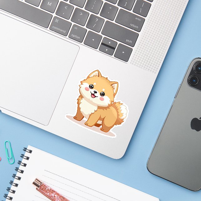 Charmanter Spitz, Adorable Kawaii Expression, Aufkleber (Laptop mit iPhone)