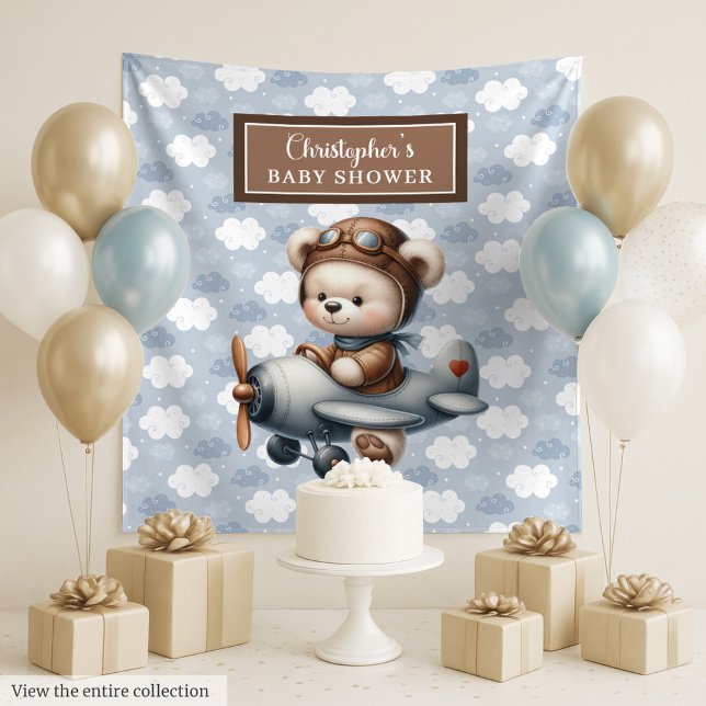 Charmanter Teddybär Pilot Babydusche Hintergrund Wandteppich (Charming teddy bear pilot baby shower backdrop)