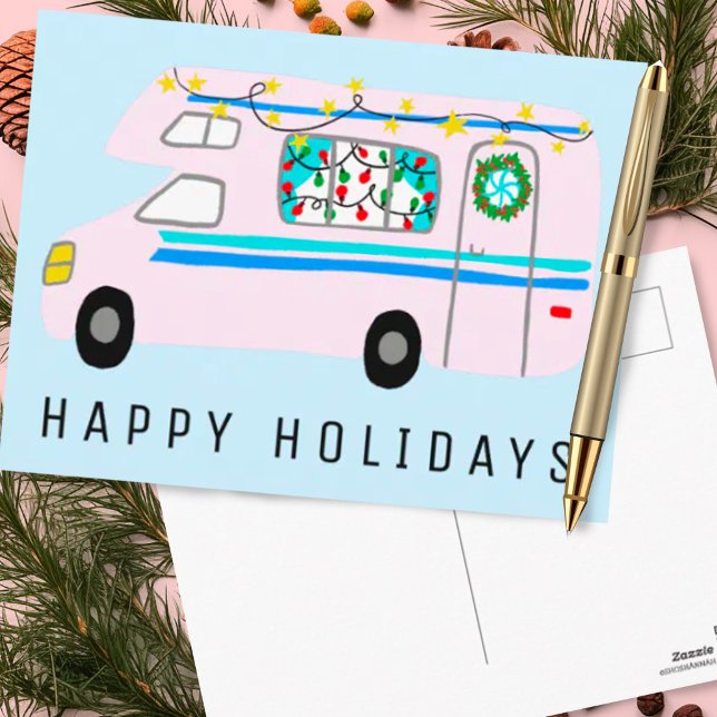 Charmanter Weihnachtscamper Vintag RV Xmas Postkarte (Custom holiday postcard with cute christmas camper)