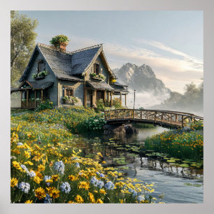 Charmantes Cottage umgeben von bunten Wildblumen Poster