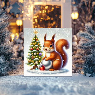 Charmantes Eichhörnchen mit Christbaum und Bauern Feiertagskarte