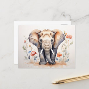 Charmantes Elefant & Bloms Aquarellmalerei Postkarte