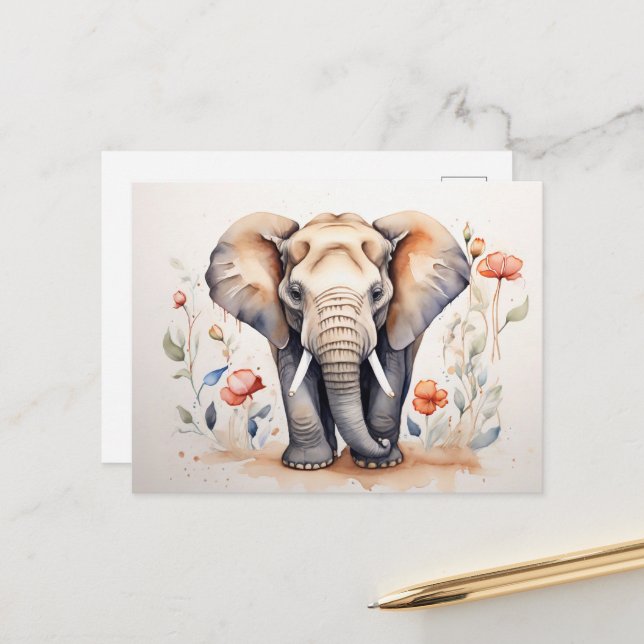 Charmantes Elefant & Bloms Aquarellmalerei Postkarte (Vorderseite/Rückseite Beispiel)
