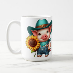Charmantes Ferkel in Cowboy-Kleidung mit Sonnenblu Kaffeetasse