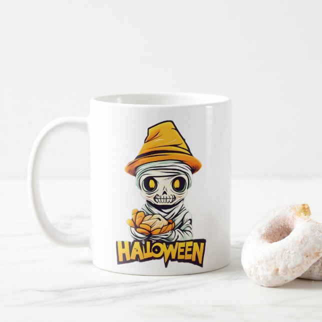 Charmantes Halloween Mummy Design Niedlich und ung Kaffeetasse (Mit Donut)