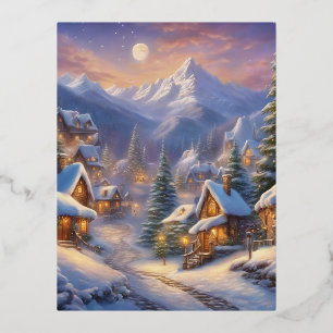 Charmantes märchenhaftes Dorf, schneebedeckt dekor Folien Feiertagspostkarte
