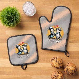 Charmantes Pinguin-Paar Ofenhandschuh & Topflappen-Set