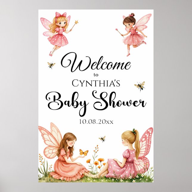 Charmantes Pink Fairies Woodland Baby Dusche Empfa Poster (Vorne)