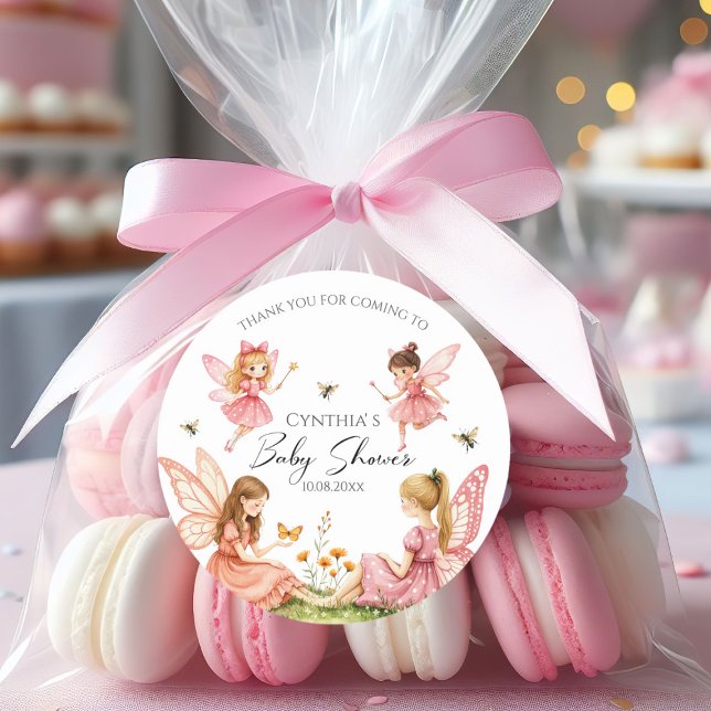 Charmantes Pink Fairies Woodland Babydusche Runder Aufkleber (Von Creator hochgeladen)