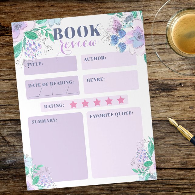 Charmantes Pink Lila Watercolor Floral Book Review Notizblock (Von Creator hochgeladen)