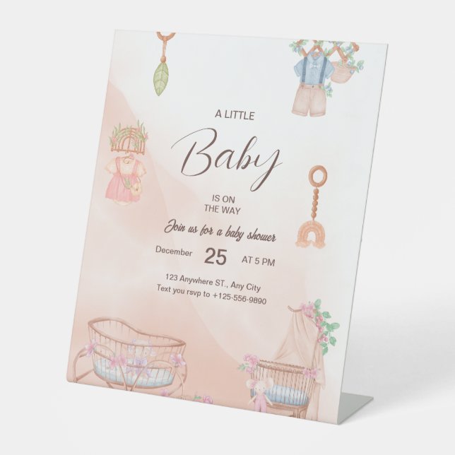 Charmantes Pink Watercolor Kinderdusche Einladung Sockelschild (Vorderseite)