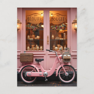 Charmantes rosa Schaufenster mit Vintagem Moped Postkarte