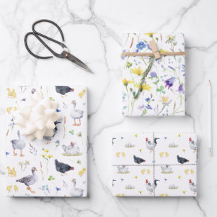 Charmantes rustikales Landhaus Hühner floral Geschenkpapier Set