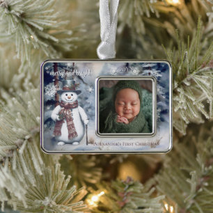 Charmantes Snowman Watercolor Winterwald Baby Rahmen-Ornament Silber